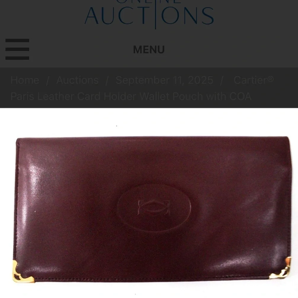 Cartier Maroon Leather Card Holder with Gold Logo with COA